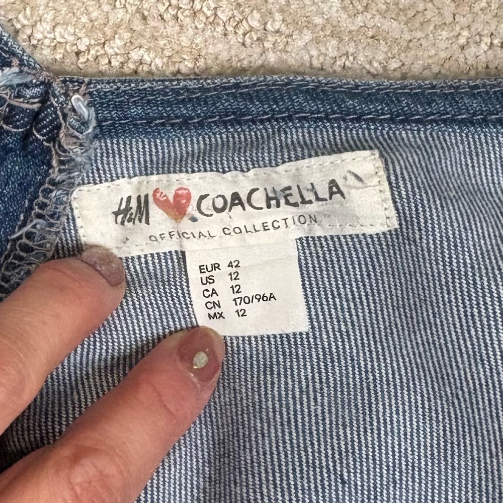 H&M X Coachella Floral Embroidered Denim Overall Dress Size 12 Wrap Front Belt - Picture 2 of 13